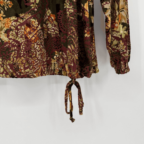 Chico's Velvet Burnout Blouse Size 3‎ or XL Maroon Gold Floral Print - Picture 5 of 8